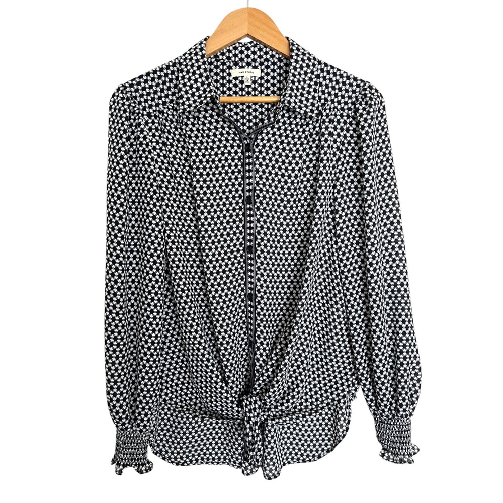 Max Studio Geometric Print Front Tie Blouse Women L Black Blue Smocked Cuff Top